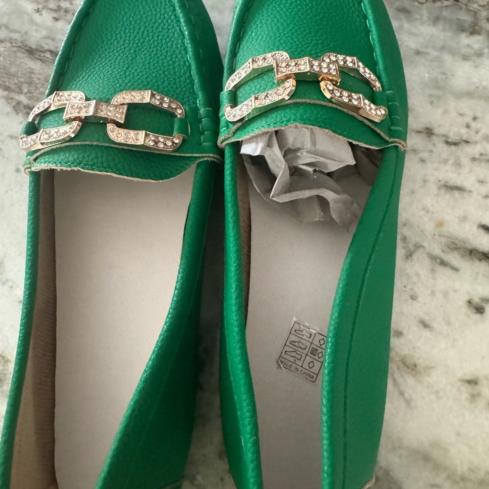 Green and Gold Flats with Chain Detail